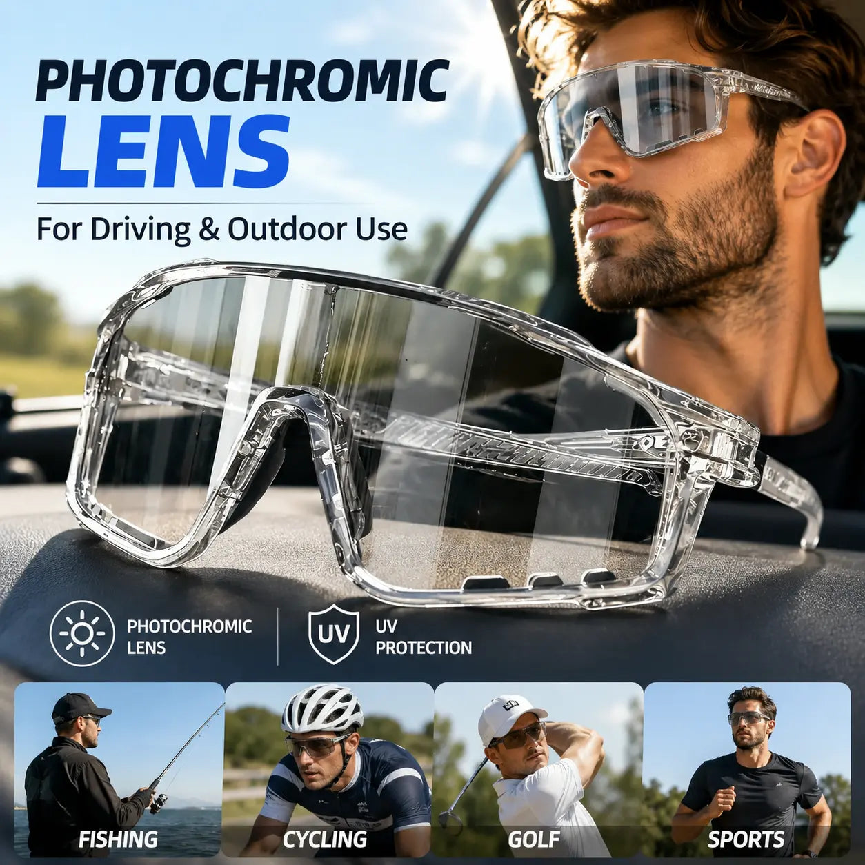 Uv-Protective Sunglasses for Hiking & Cycling - Windproof, Changes Color in Response to UV Intensity; the Stronger the UV Light, the Deeper the Color Change.Sand-Resistant Sports Eyewear with Versatile, Stylish Photochromic Lenses