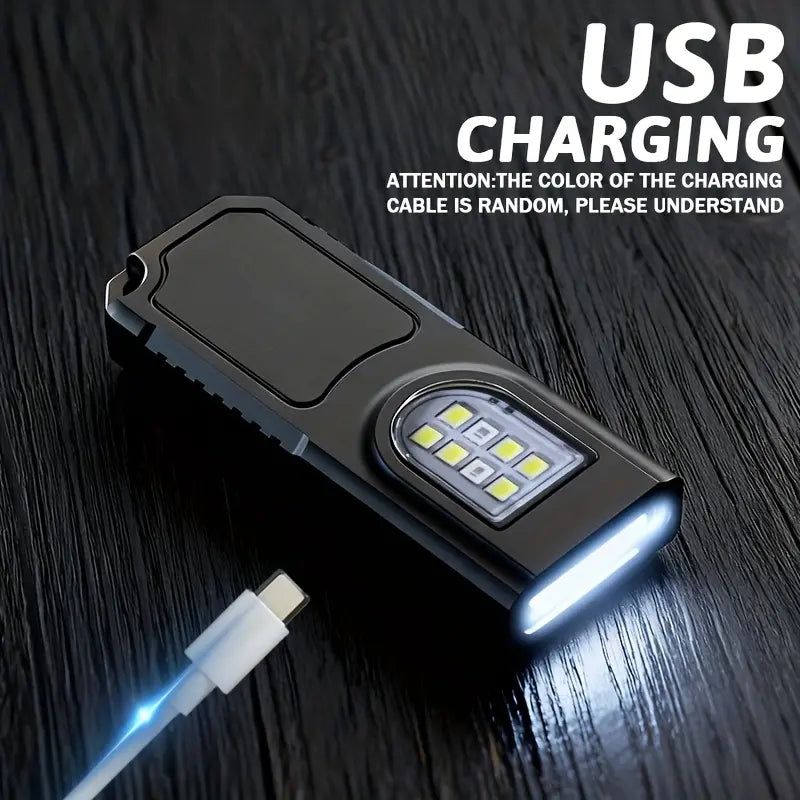 Portable USB Charging Handsfree Flashlight, Mini Keychain Lamp with Bottom Magnetic, 5 Light Modes, Emergency Lantern for Travel, Camping, Fishing