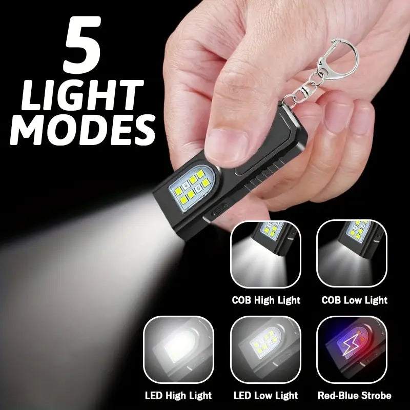 Portable USB Charging Handsfree Flashlight, Mini Keychain Lamp with Bottom Magnetic, 5 Light Modes, Emergency Lantern for Travel, Camping, Fishing
