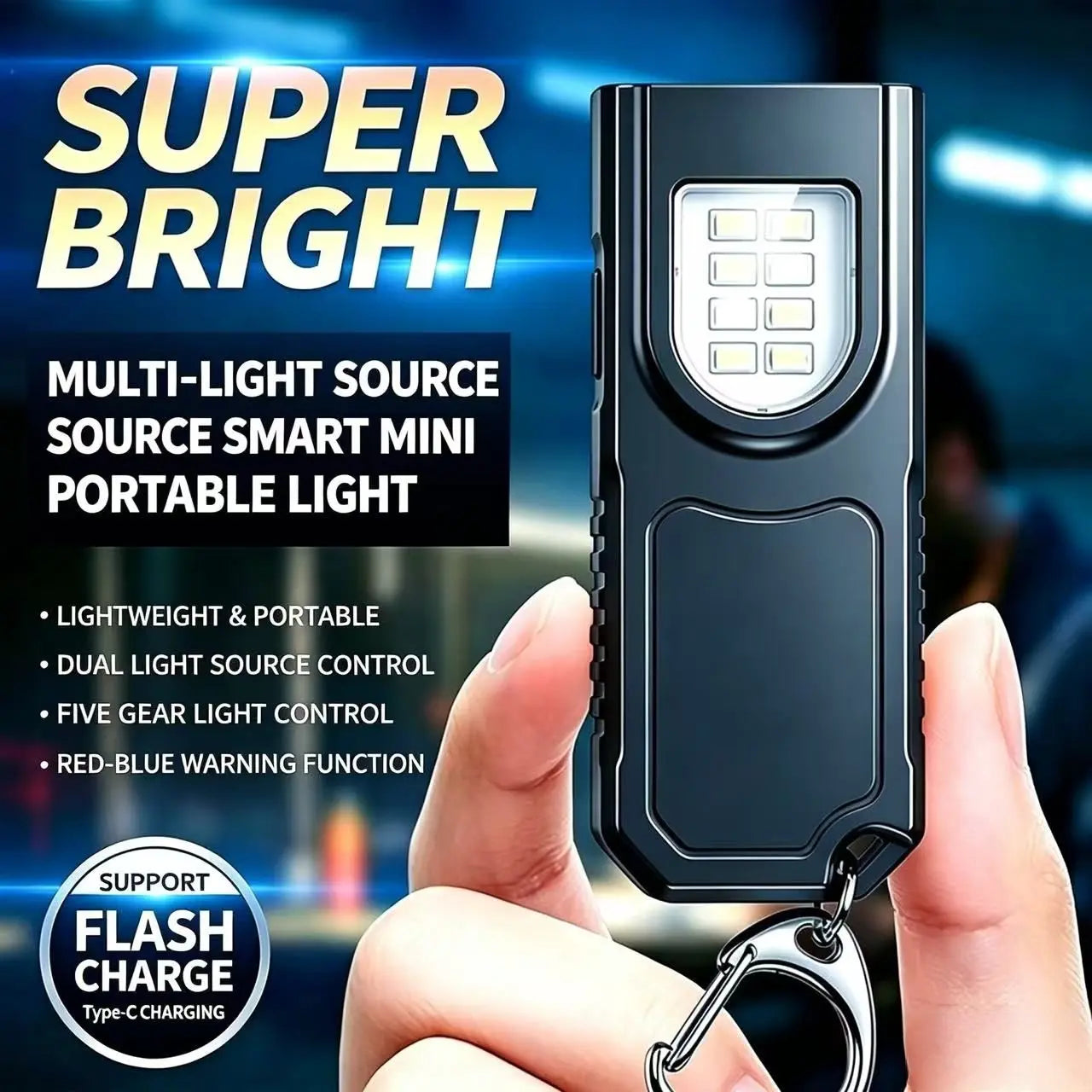 Portable USB Charging Handsfree Flashlight, Mini Keychain Lamp with Bottom Magnetic, 5 Light Modes, Emergency Lantern for Travel, Camping, Fishing